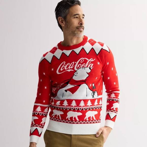 COCA COLAR Mens Holiday Winter Polar Bear Graphic Intarsia Crewneck Sweater - Picture 1 of 2